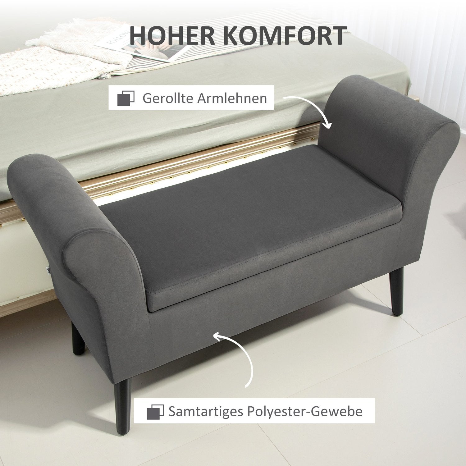 Klädd mörkgrå bänk med förvaring, armstöd – 46 cm sitthöjd