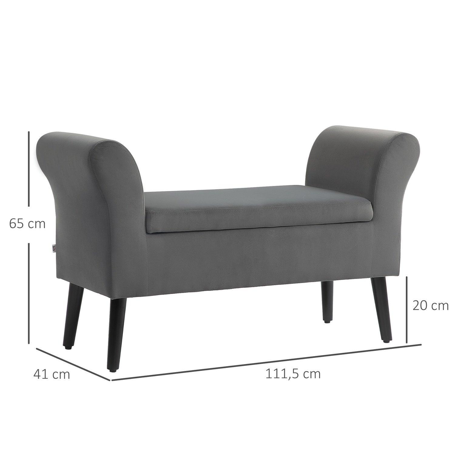 Klädd mörkgrå bänk med förvaring, armstöd – 46 cm sitthöjd