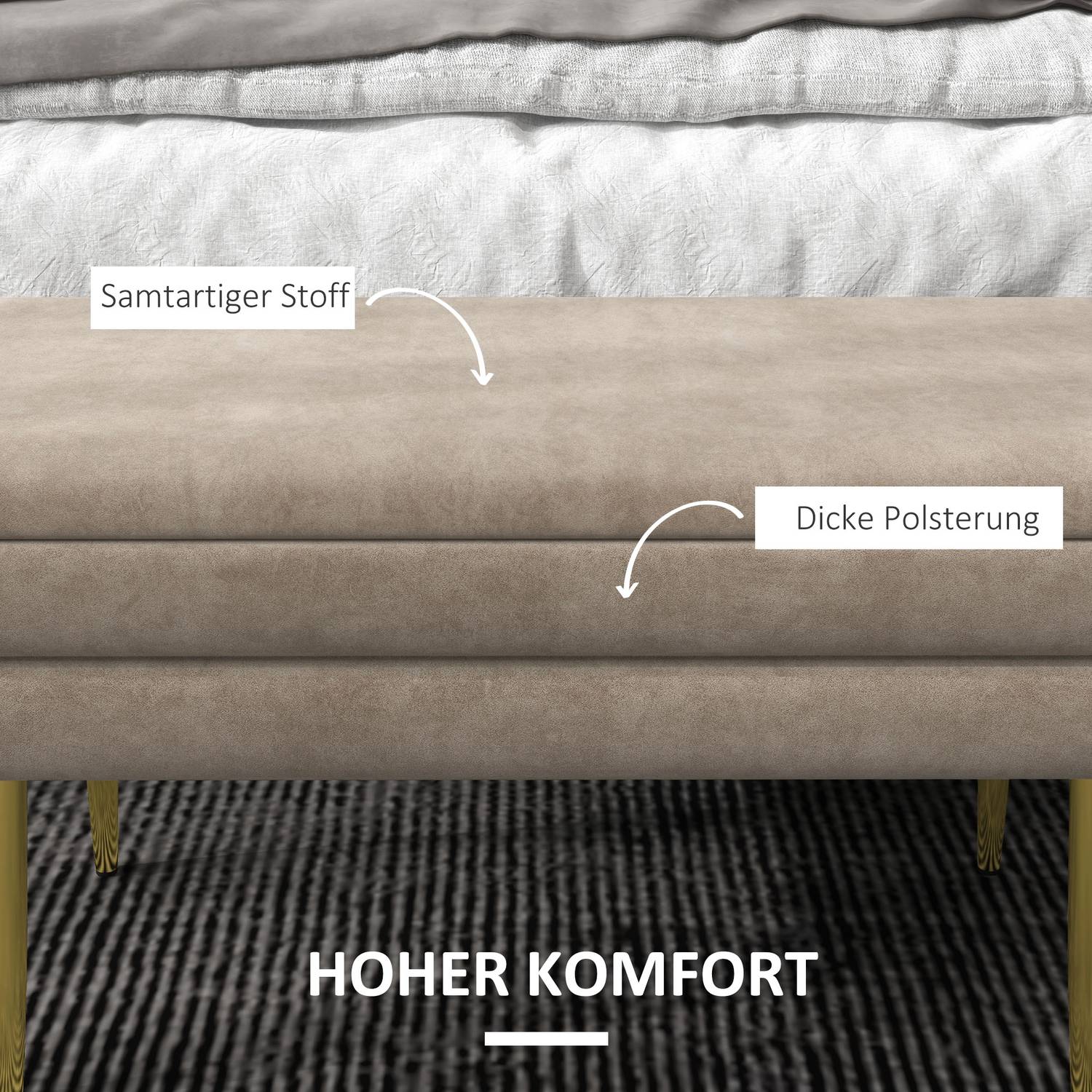 Klädd förvaringsbänk i sammet, Stålben, Beige, 79,5 cm