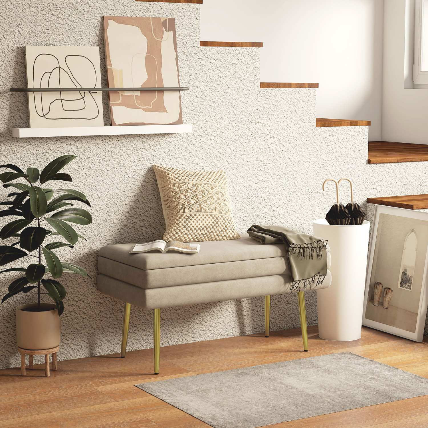 Klädd förvaringsbänk i sammet, Stålben, Beige, 79,5 cm