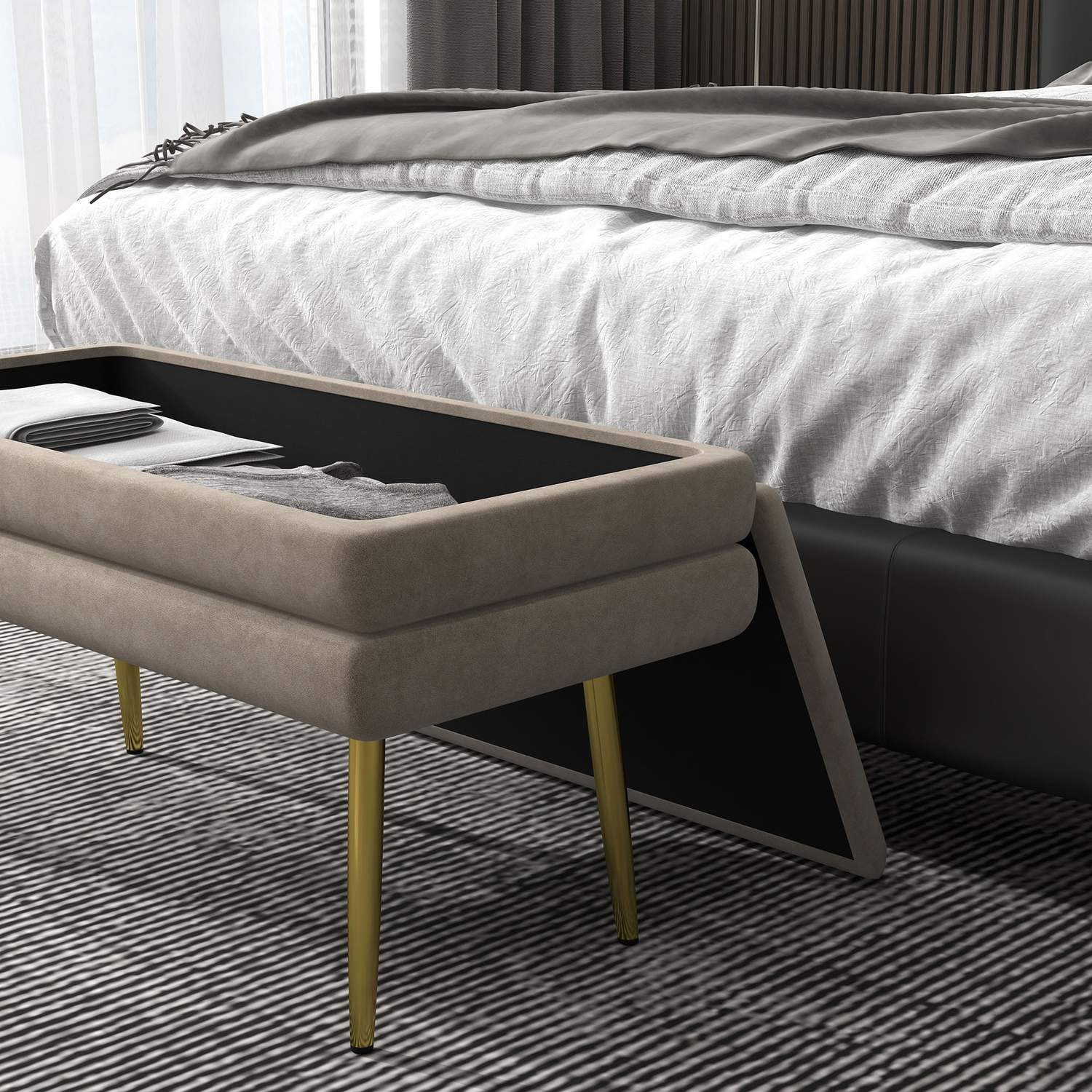 Klädd förvaringsbänk i sammet, Stålben, Beige, 79,5 cm