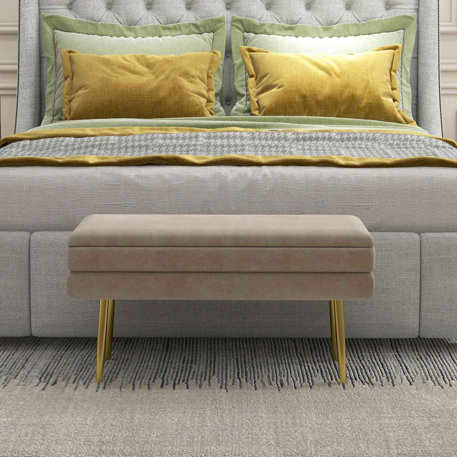 Klädd förvaringsbänk i sammet, Stålben, Beige, 79,5 cm