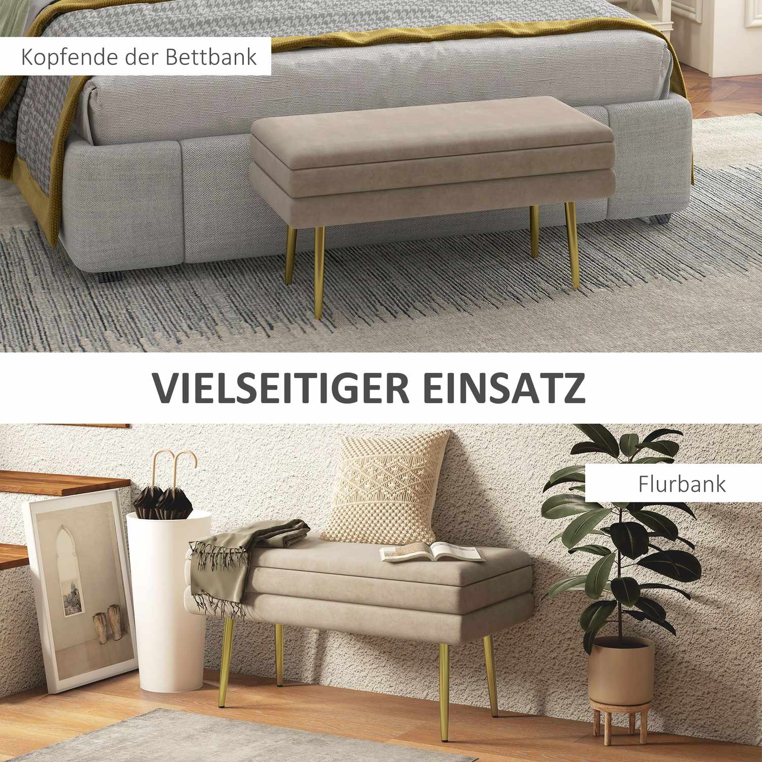Klädd förvaringsbänk i sammet, Stålben, Beige, 79,5 cm