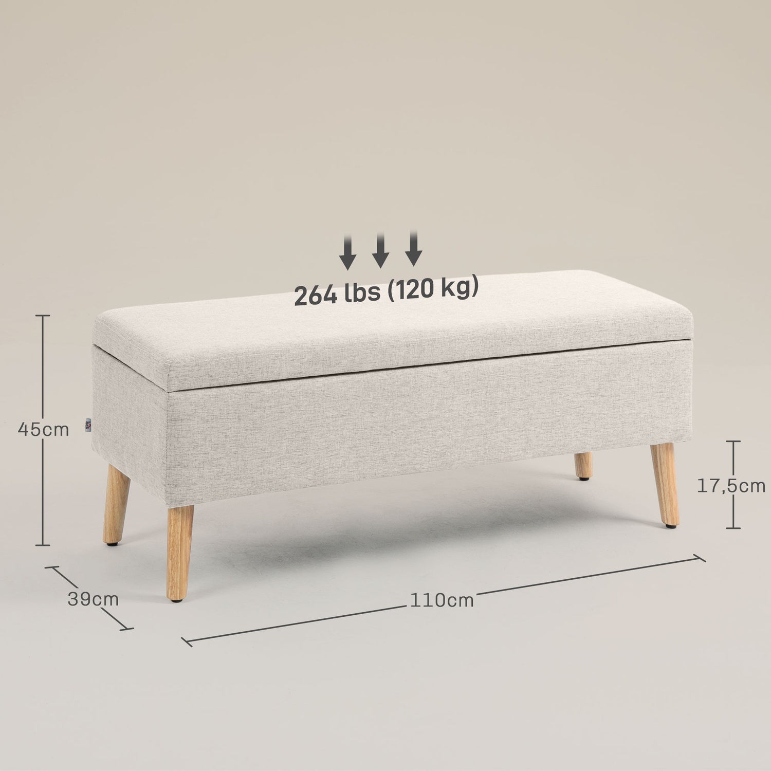 Beige stoppad förvaringsbänk – linnelook, 110x39x45 cm