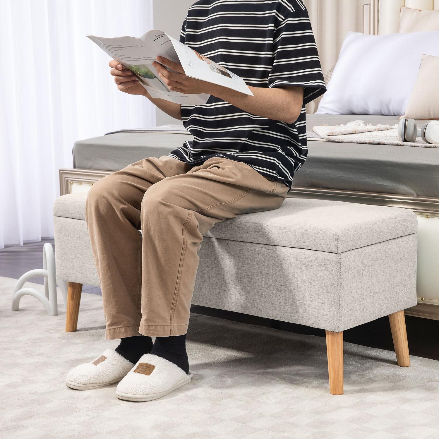 Beige stoppad förvaringsbänk – linnelook, 110x39x45 cm