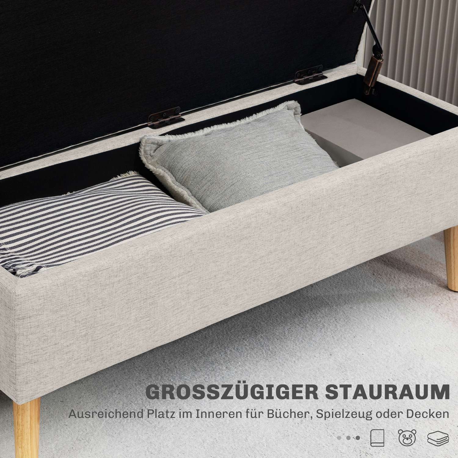 Beige stoppad förvaringsbänk – linnelook, 110x39x45 cm