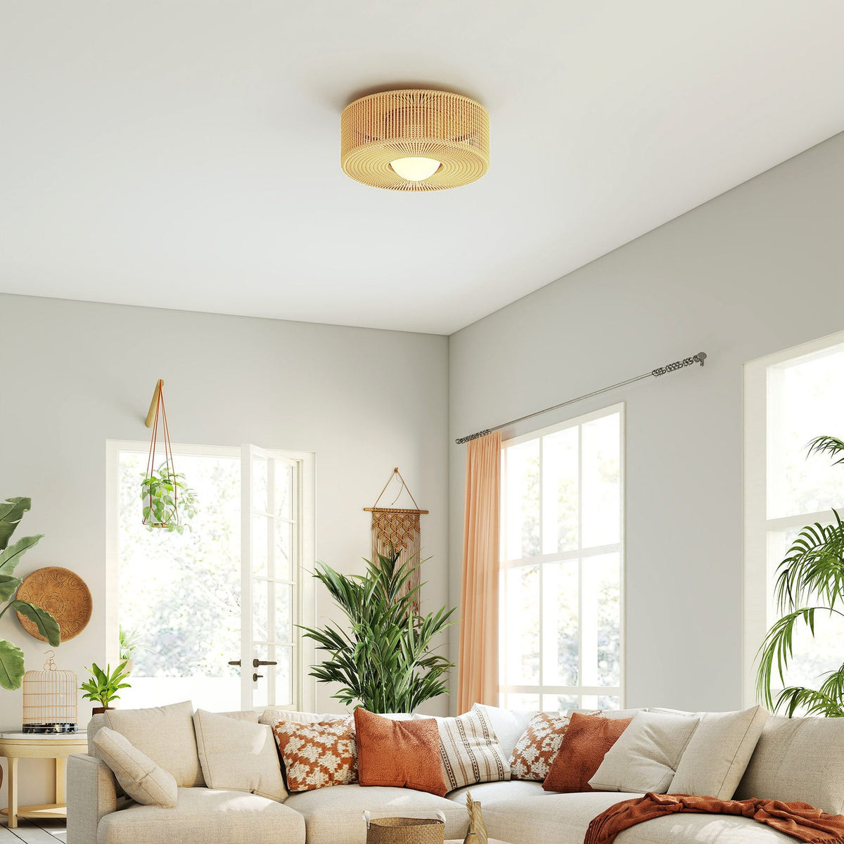 Boho-taklampe med skjerm av hampetau, G9 LED, 30 cm