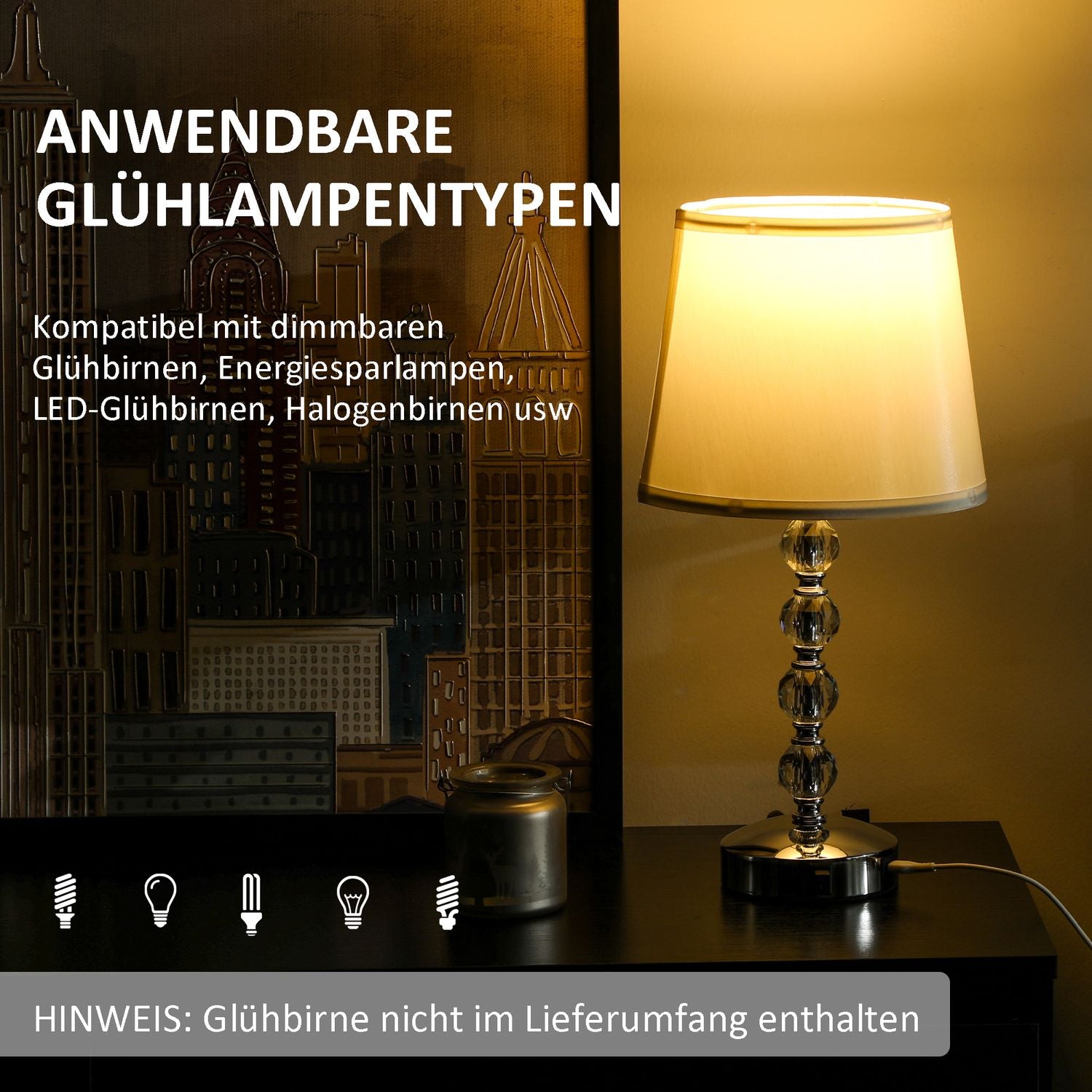 LED-bordslampa, kristall, USB-uppladdningsbar, Silver, E27-sockel