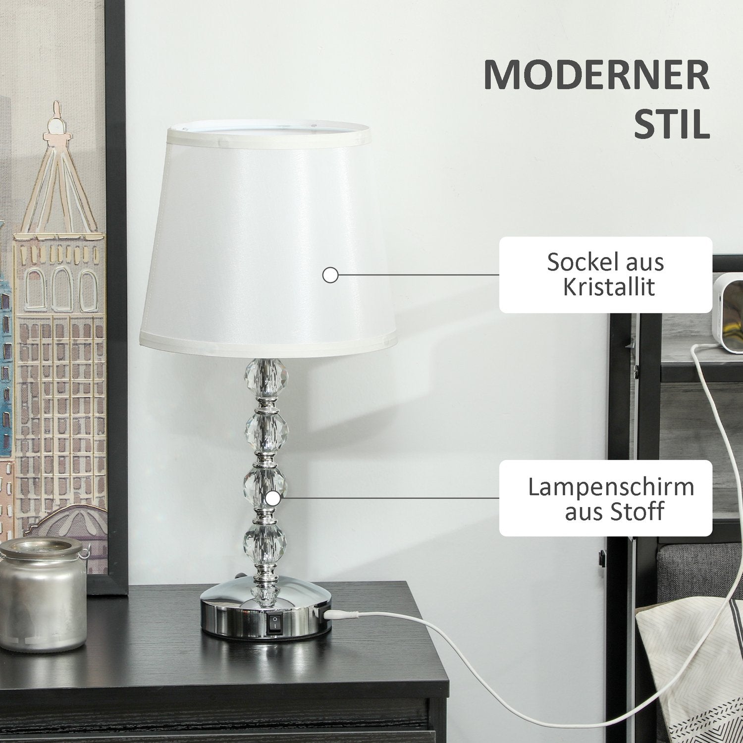 LED-bordslampa, kristall, USB-uppladdningsbar, Silver, E27-sockel