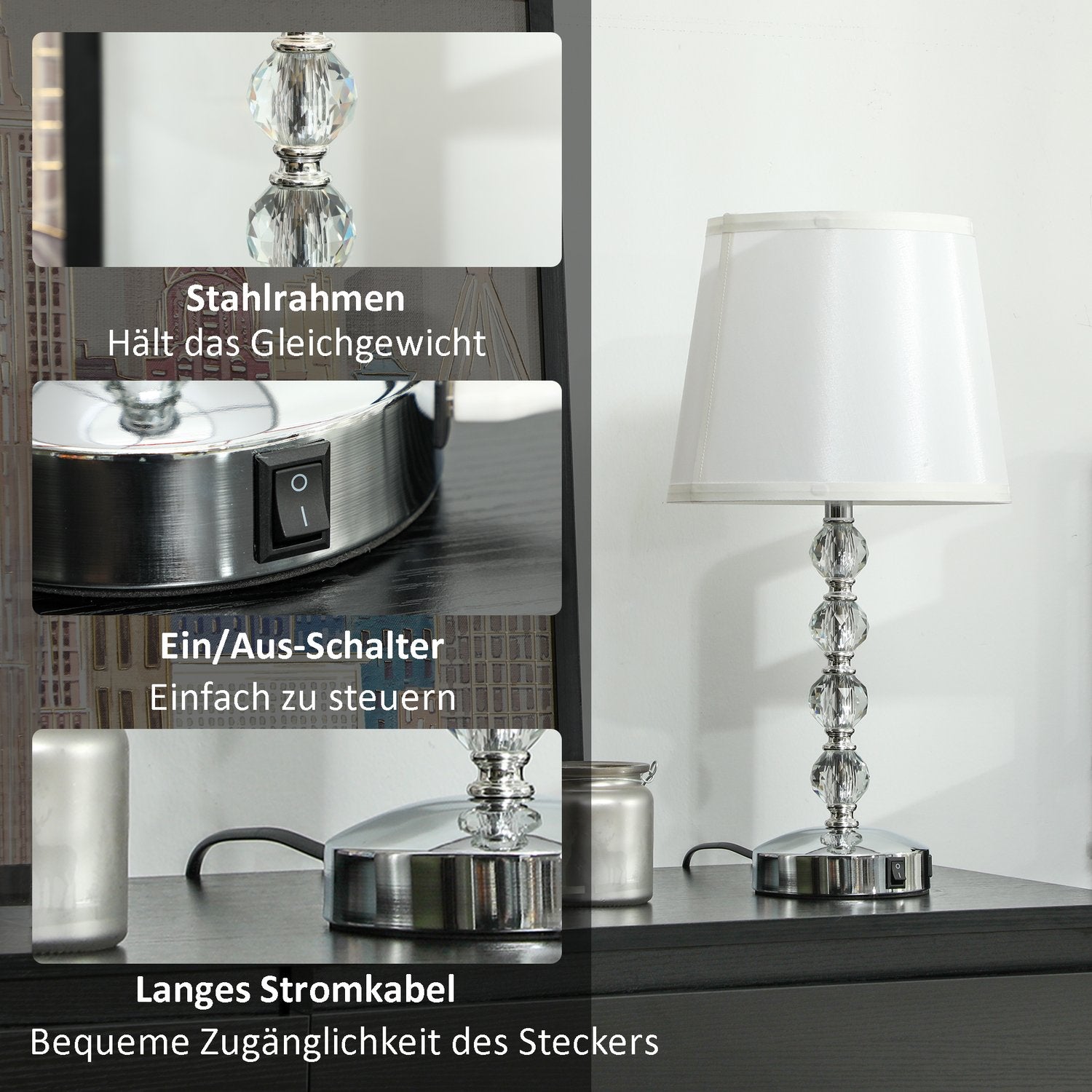 LED-bordslampa, kristall, USB-uppladdningsbar, Silver, E27-sockel