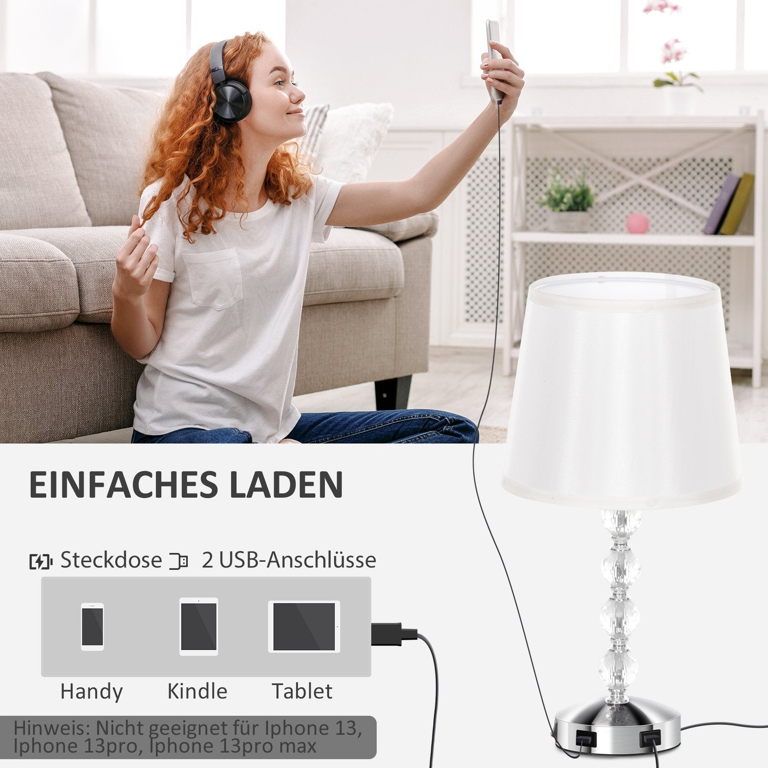 LED-bordslampa, kristall, USB-uppladdningsbar, Silver, E27-sockel