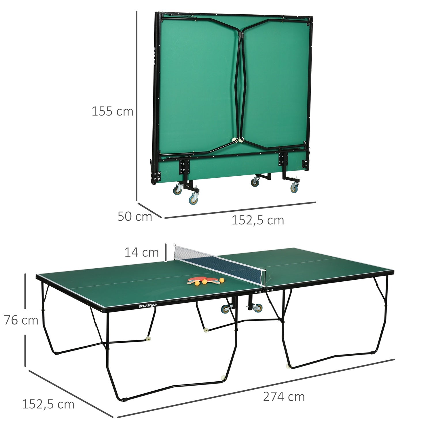 Vikbart inomhusbordtennisbord med hjul – Grön