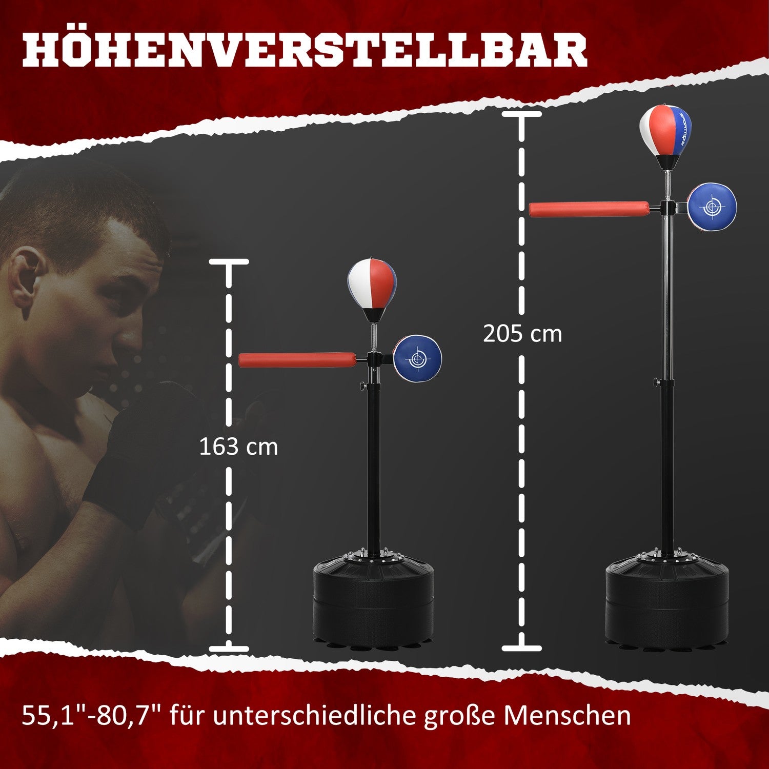 Justerbart boxningsställ med reflexstång och väska, 1,63-2,05 M