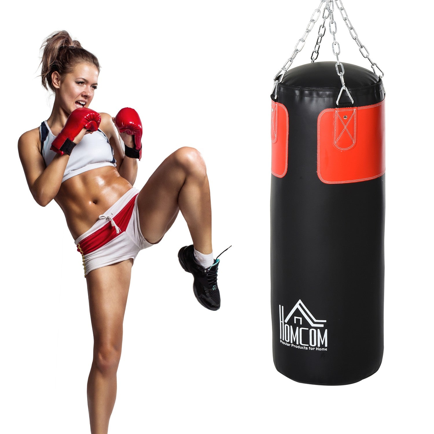 Boxningssäcksset med handskar, fylld, 120cm, svart/röd