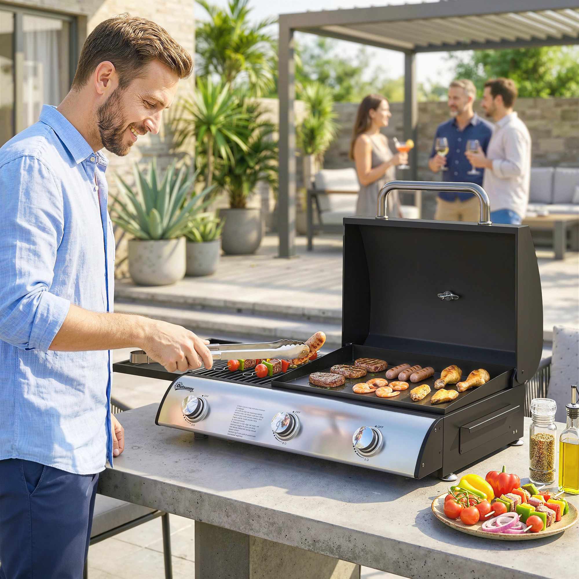 Bärbar bordsgasgrill, 3 brännare, emaljgaller