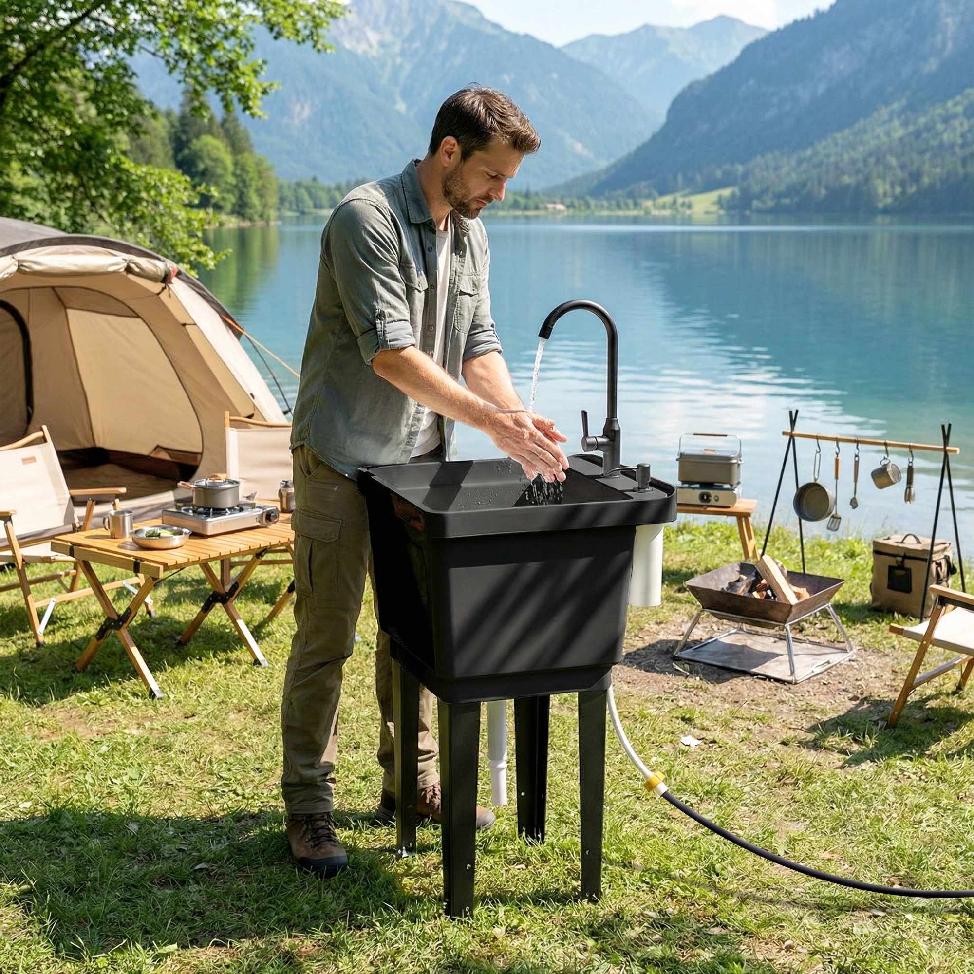 Bärbar campingdiskho med kran och tvålpump, svart