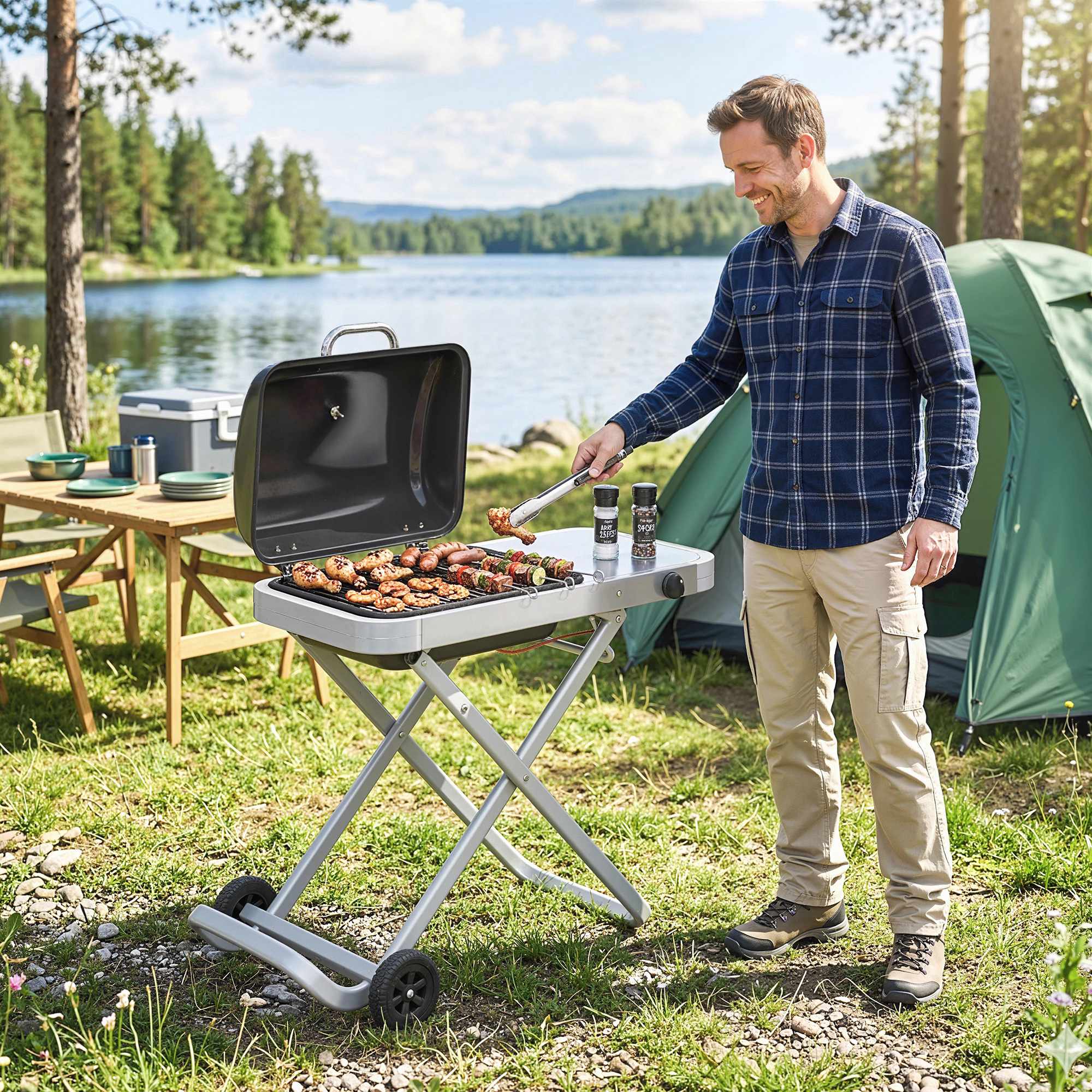 Bärbar gasgrill med 1 brännare, hopfällbar vagn, termometer