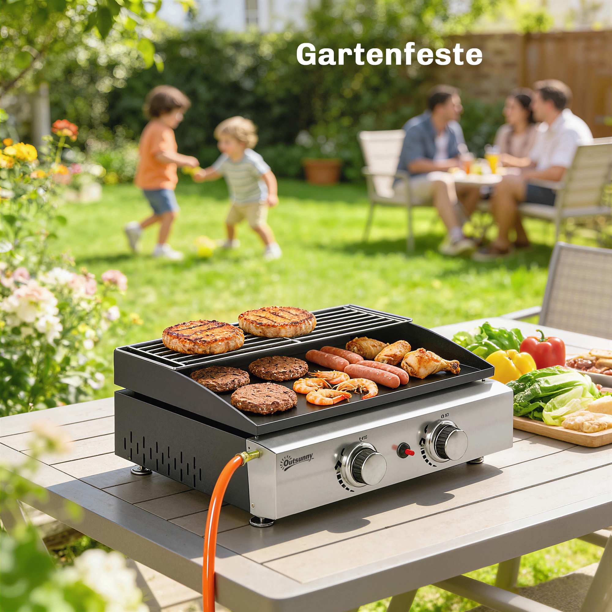 Bärbar gasgrill med 2 brännare, keramiskt belagt galler