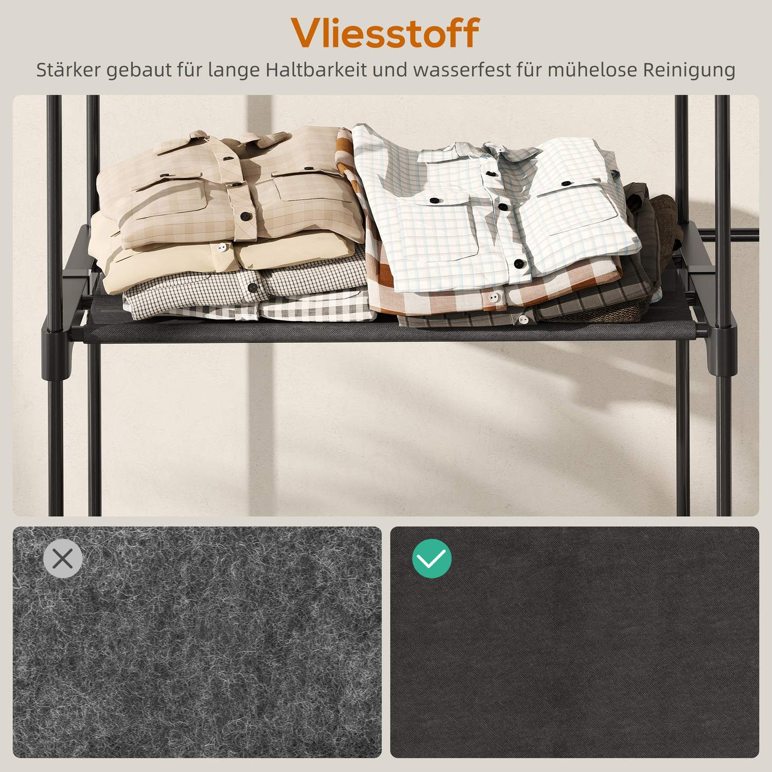 Bärbar klädställning, metallram, tyghyllor, svart