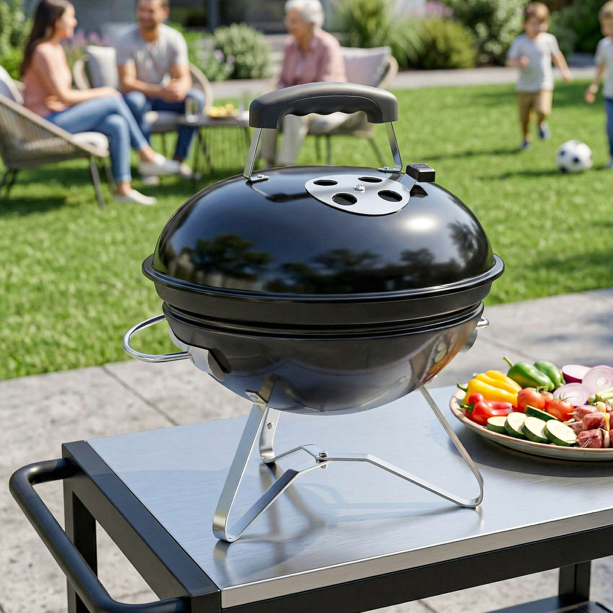 Bærbar kullgrill med lokk og ventil, 41 cm