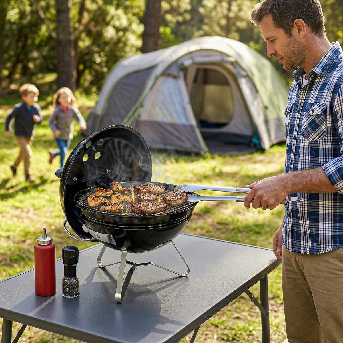 Bærbar kullgrill med lokk og ventil, 41 cm