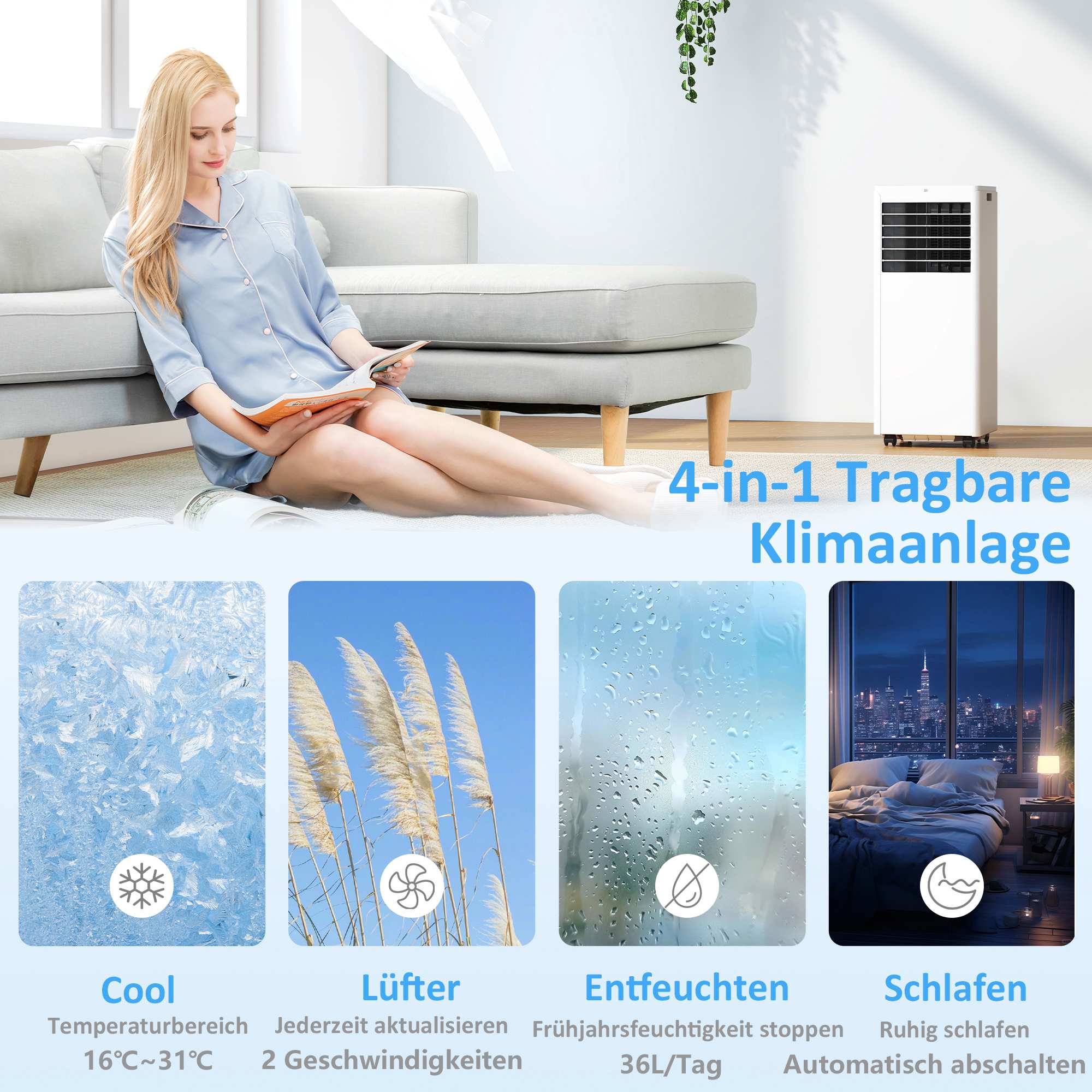 Bärbar luftkonditionering 7000 BTU, 4-i-1-kylning, avfuktare