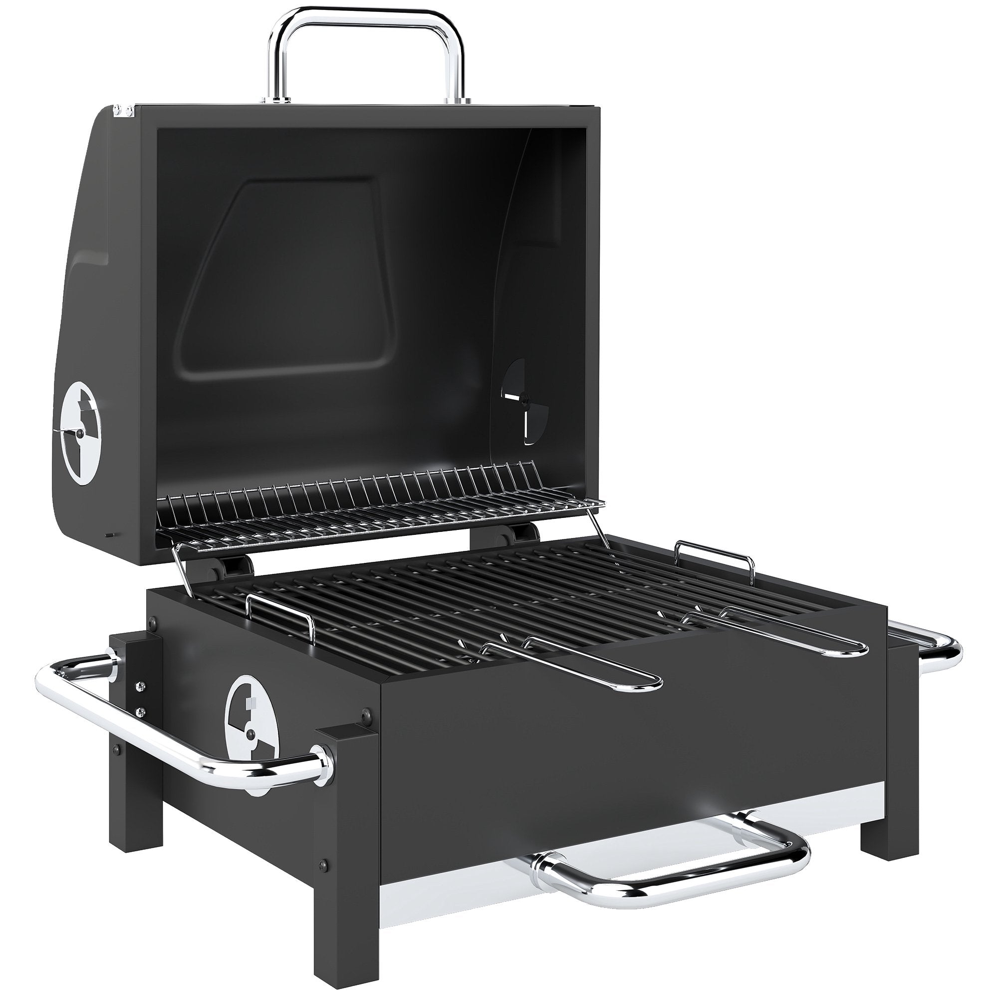 Bärbar stålkolgrill med lock och termometer