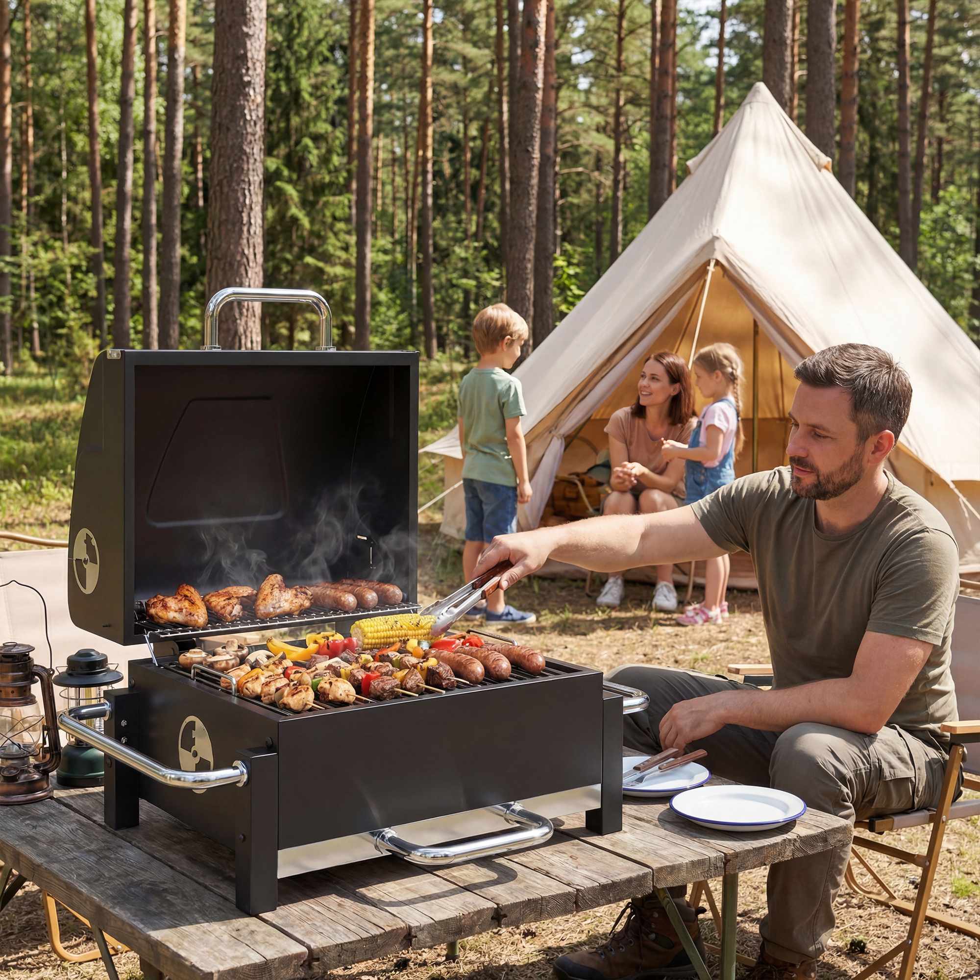 Bärbar stålkolgrill med lock och termometer