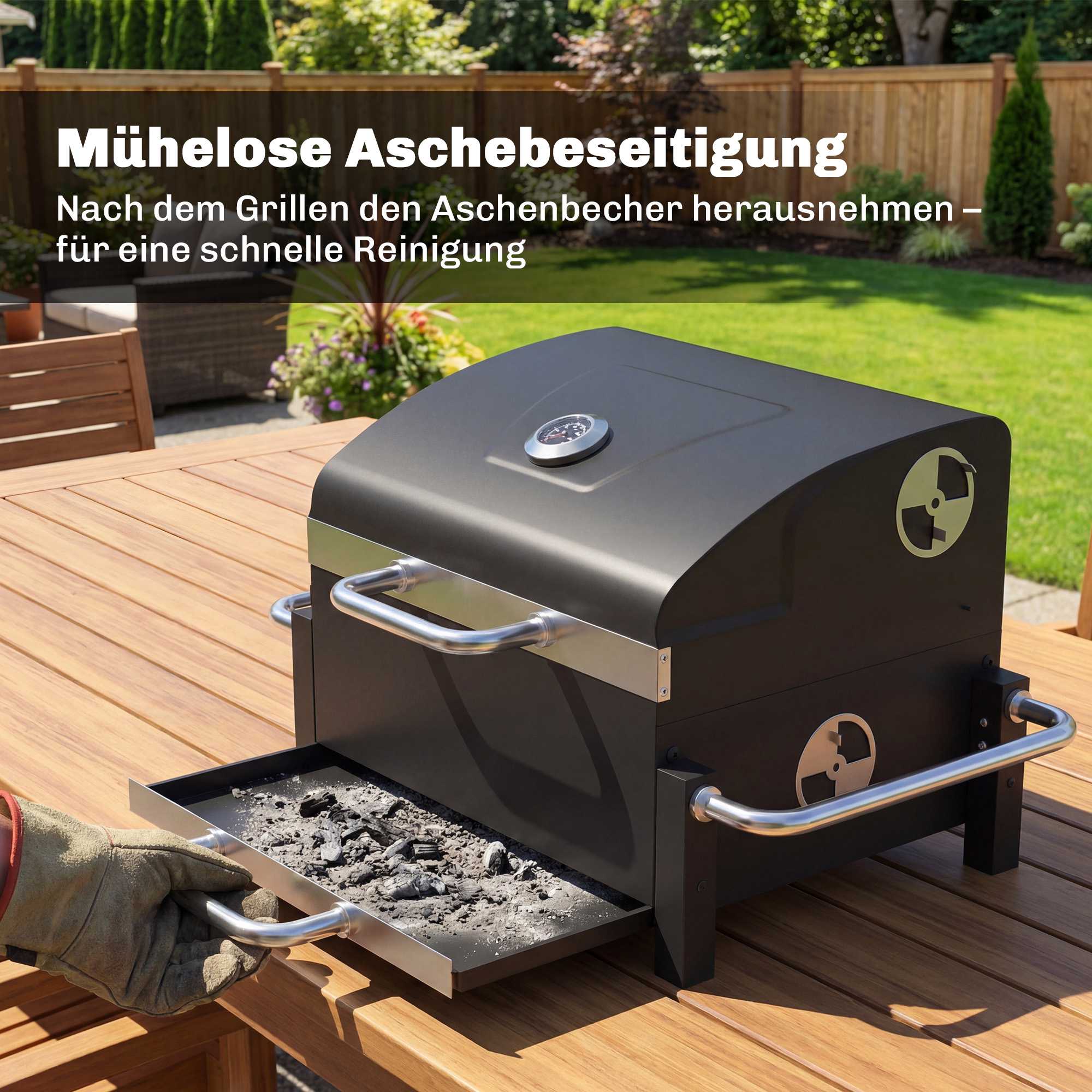 Bärbar stålkolgrill med lock och termometer