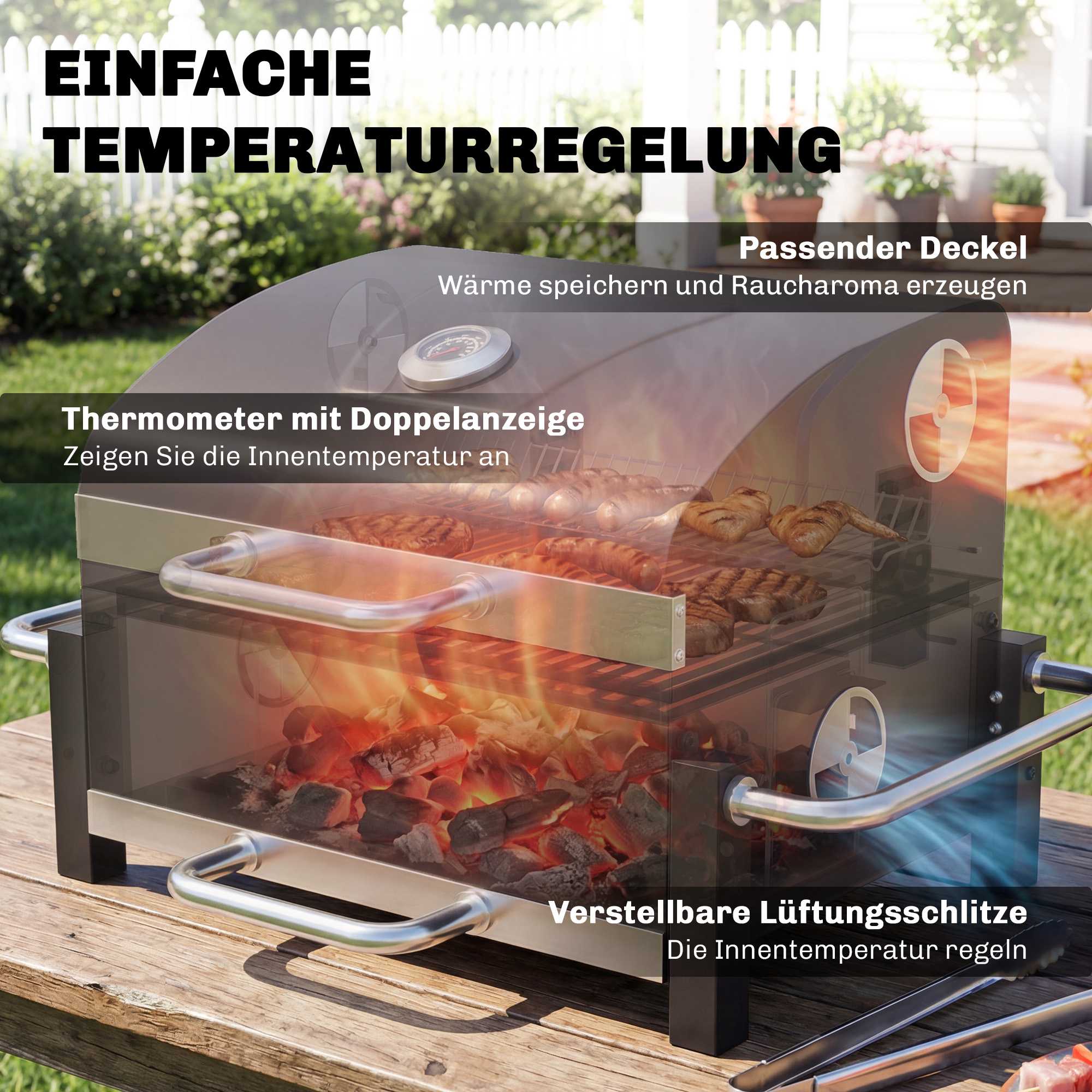 Bärbar stålkolgrill med lock och termometer