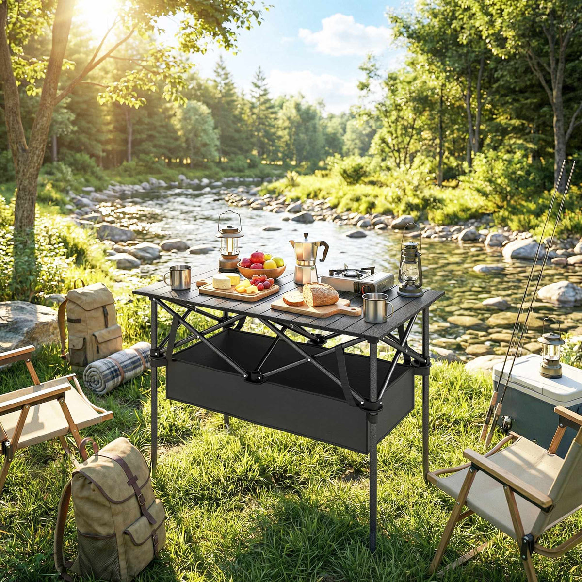 Bærbart sammenleggbart campingbord med nettingoppbevaring, svart