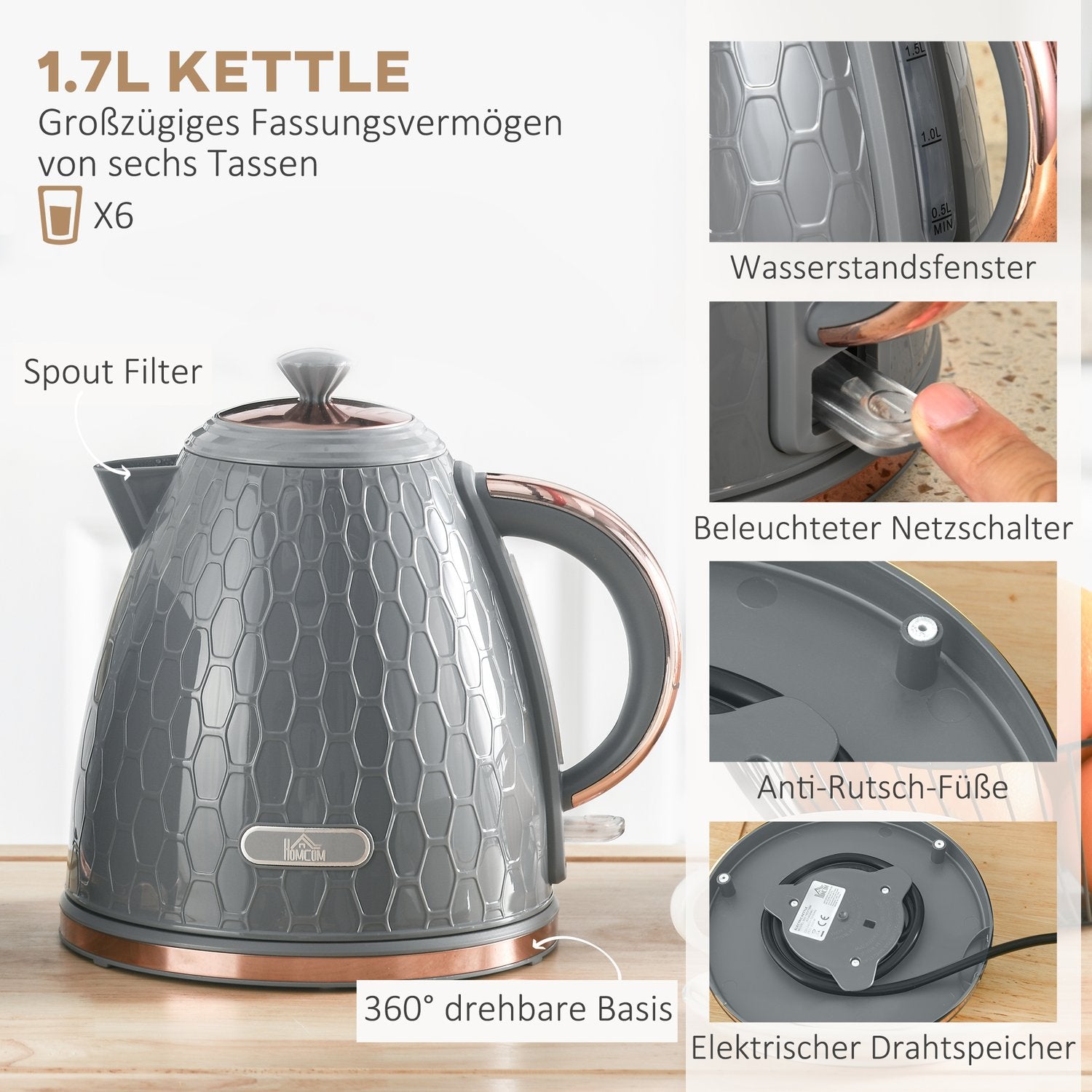 Brödrost- och vattenkokare, 1,7 l, 4 skivor, grå plast