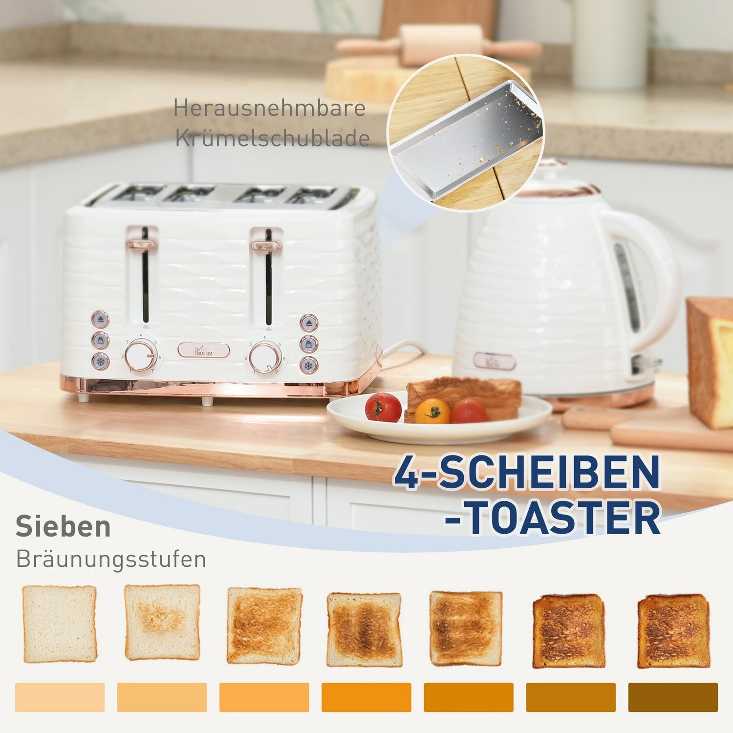 Brödrost och vattenkokare, 7 rostningsnivåer, upptiningsfunktion