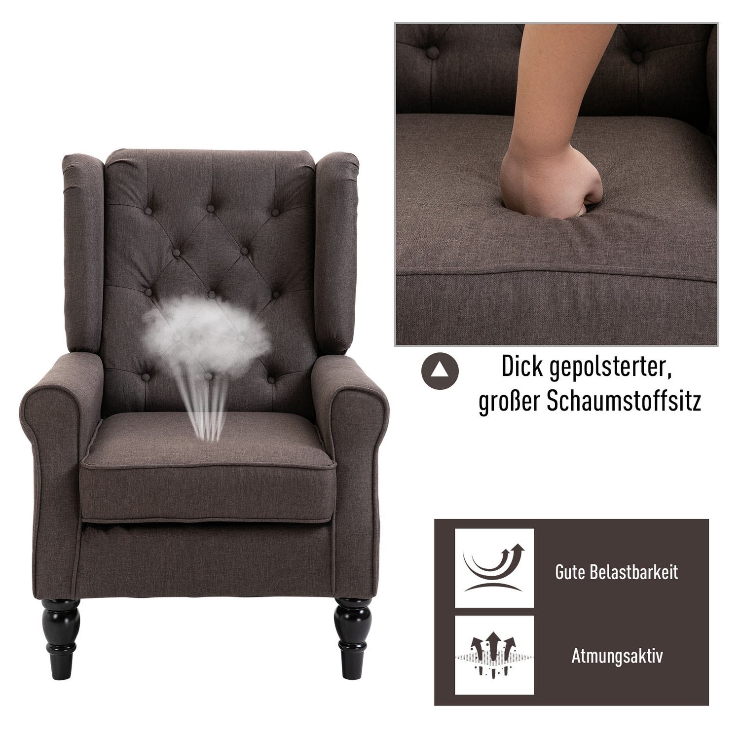 Brun polyester relaxstol, tuftad, 76x86x108 cm