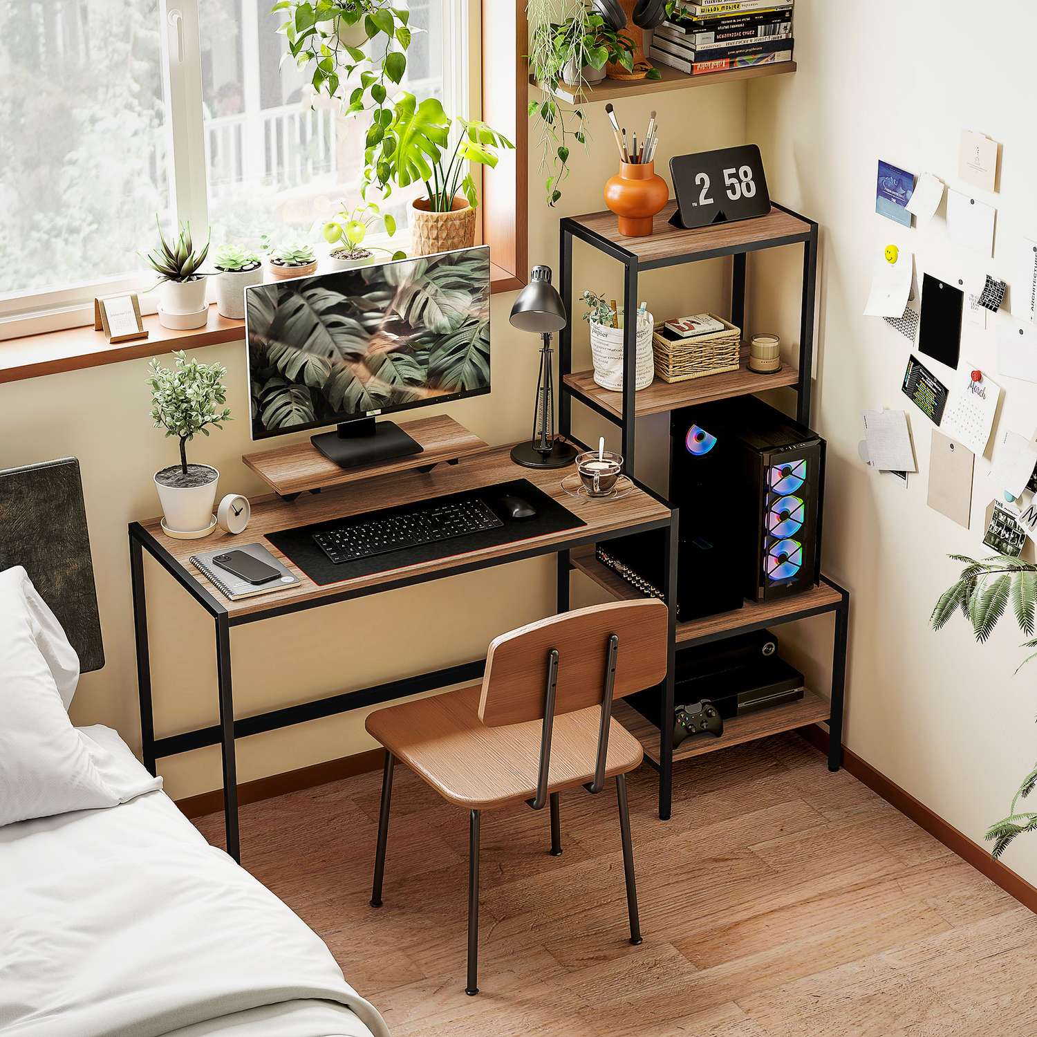 Brunt skrivbord med bildskärm och CPU-stativ, 4 hyllplan – 150x48x125 cm