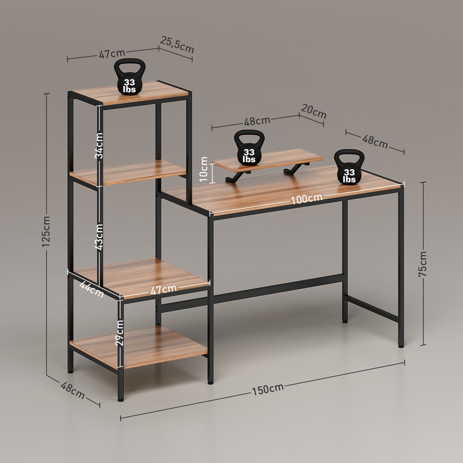 Brunt skrivbord med bildskärm och CPU-stativ, 4 hyllplan – 150x48x125 cm