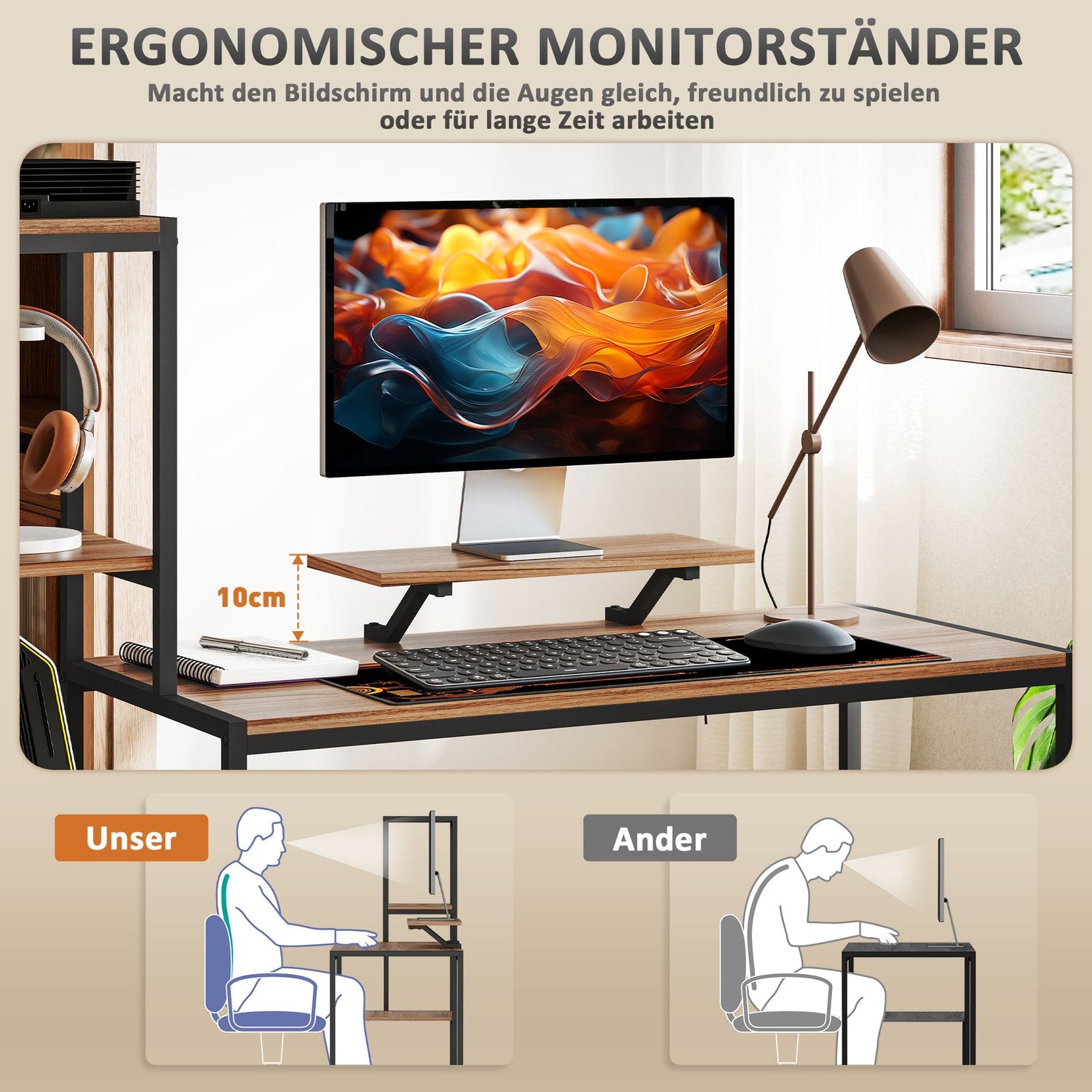 Brunt skrivbord med bildskärm och CPU-stativ, 4 hyllplan – 150x48x125 cm
