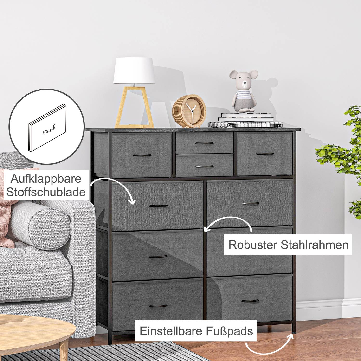 Byrå, 10 tyglådor, svart stålram