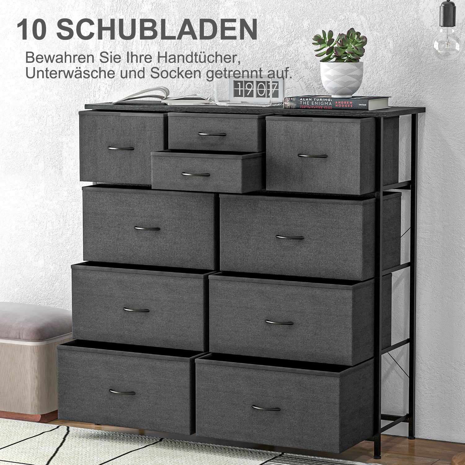 Byrå, 10 tyglådor, svart stålram