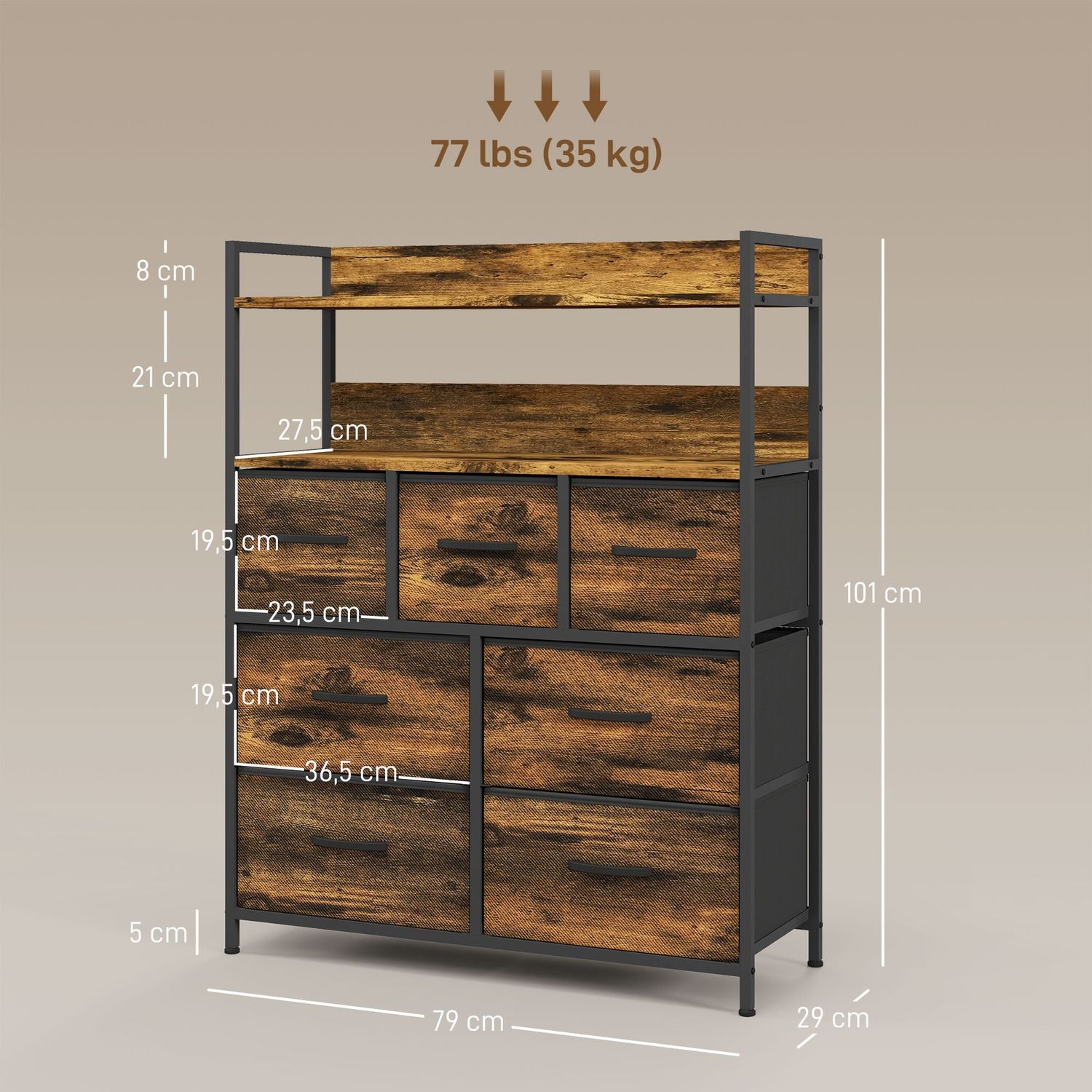 Rustik brun tyglåda - 7 lådor, 2 hyllor