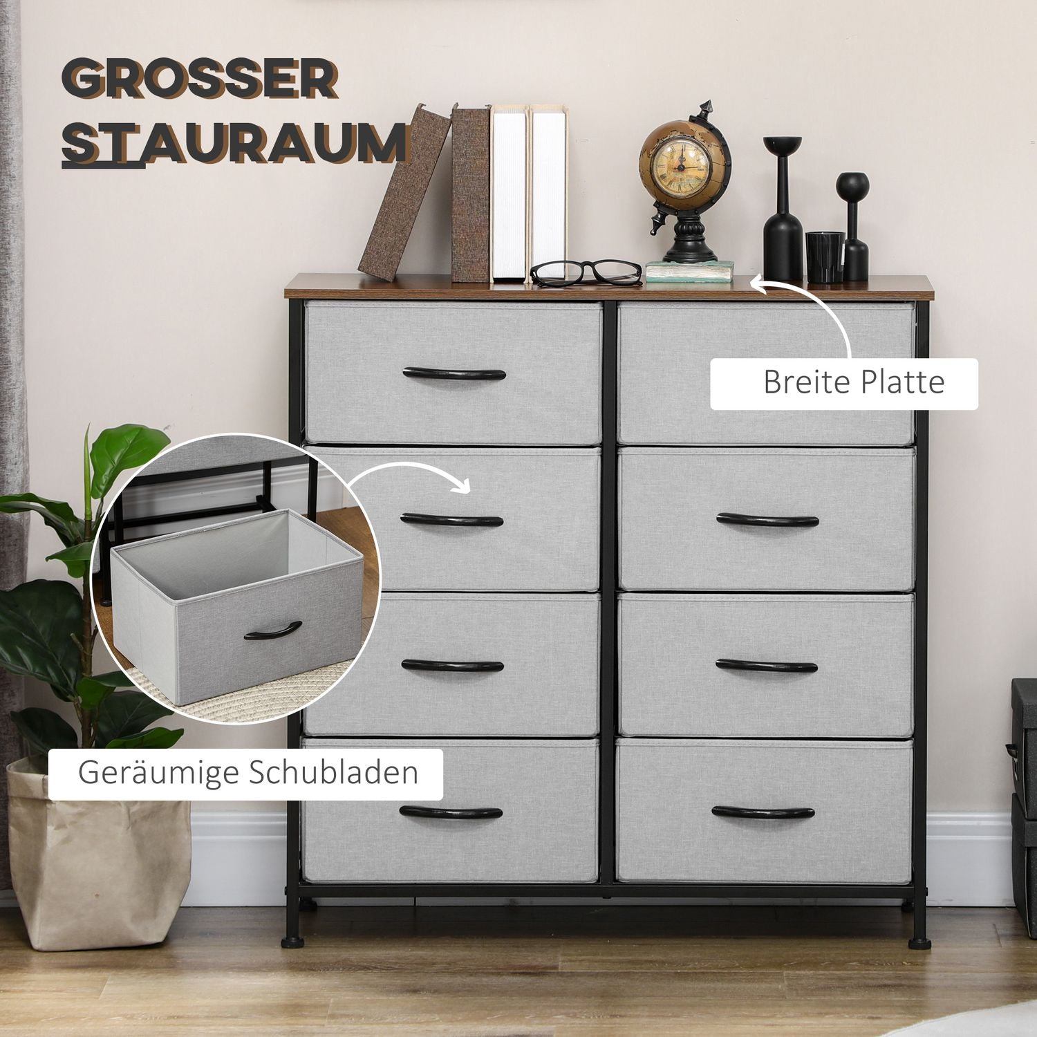Grå skänk med 8 tyglådor och bänkskiva