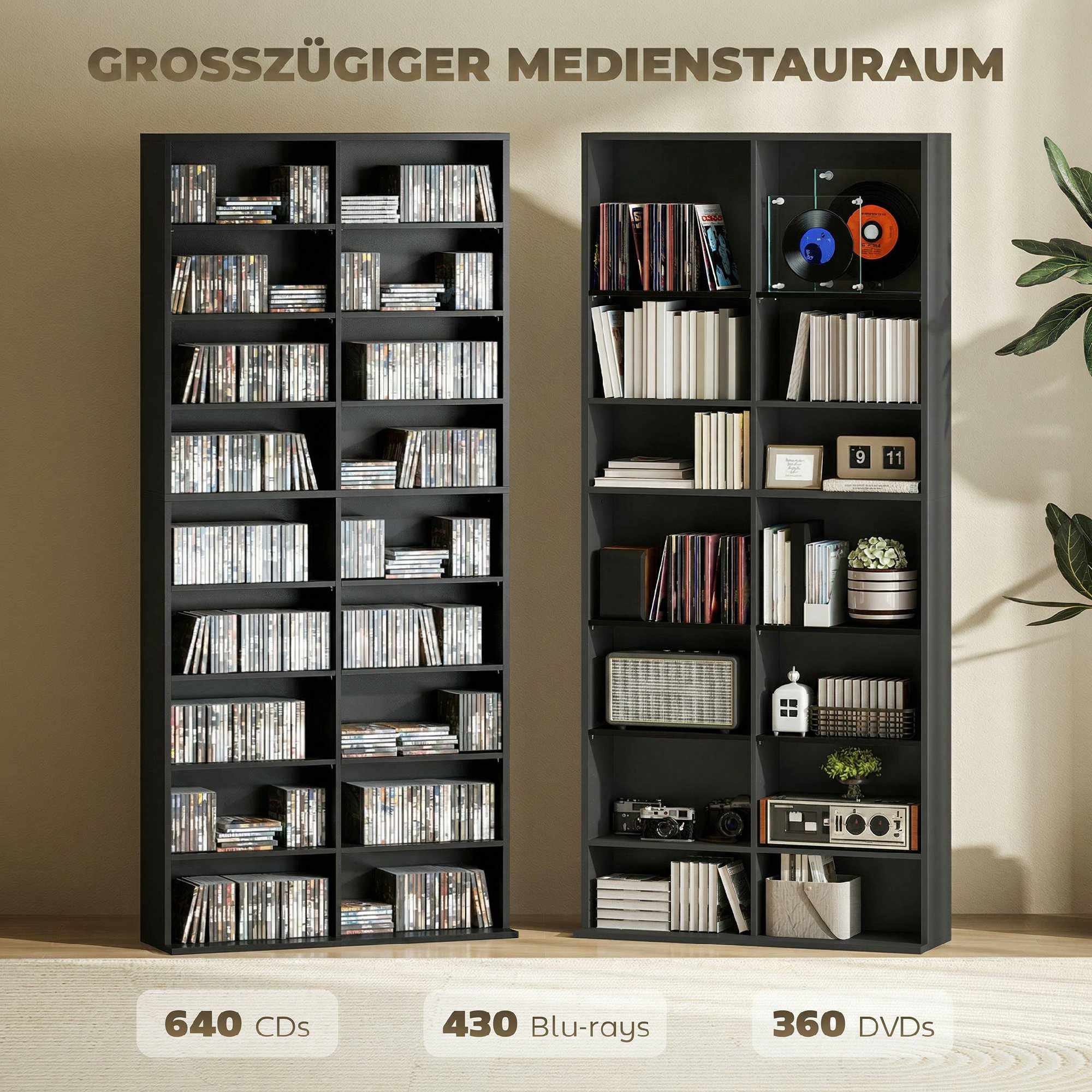 CD DVD Blu-ray förvaringshylla, 18 fack, svart, justerbar