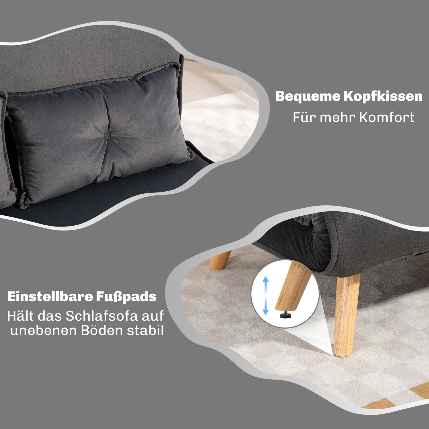 Cabriolet 2-sits bäddsoffa, justerbart ryggstöd, grått tyg