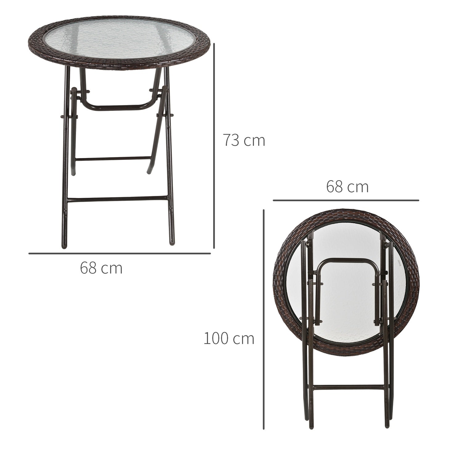 Runt hopfällbart campingbord – brun rotting, stål, Ø68 Cm