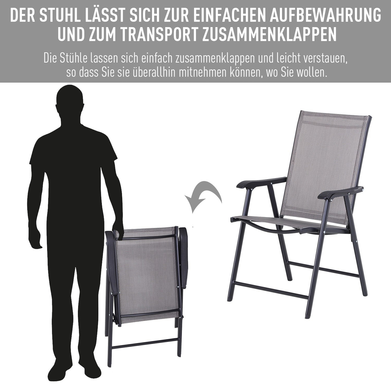 Camping hopfällbara stolar Set om 2, metall, armstöd, grå