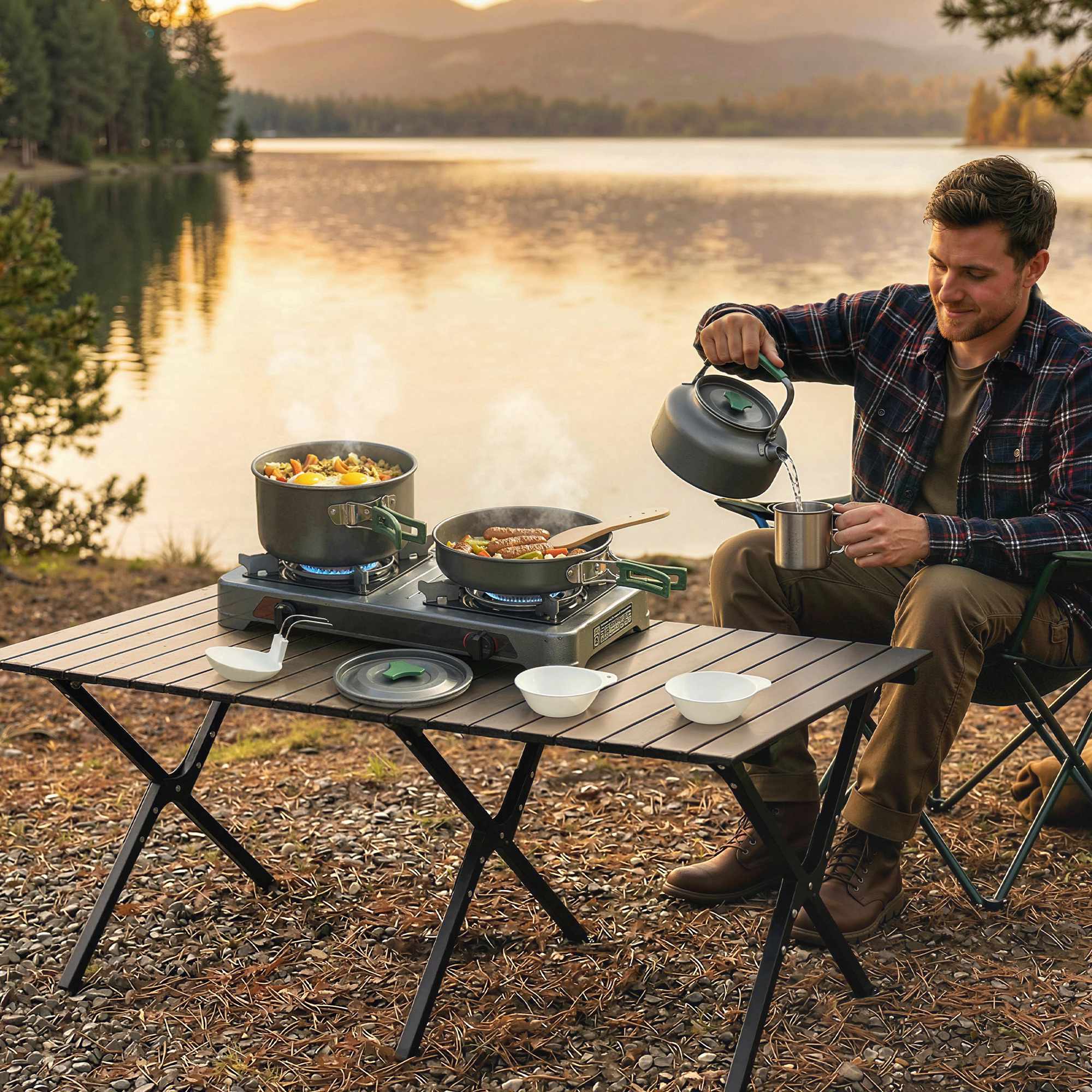 Campingkokkärlsset, 5 delar, skållningssäkra handtag, grå