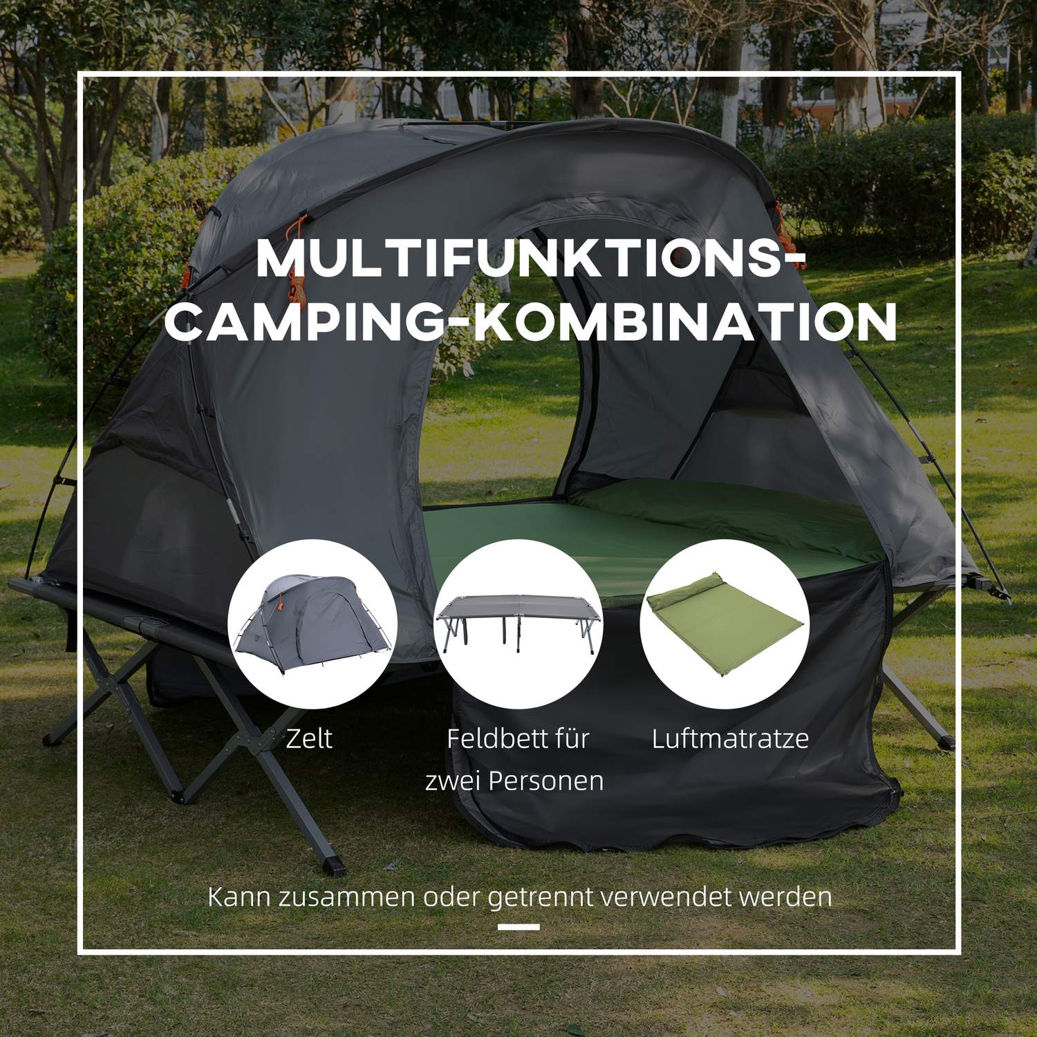 Camping kupoltält med luftmadrass, 2 personer, grå