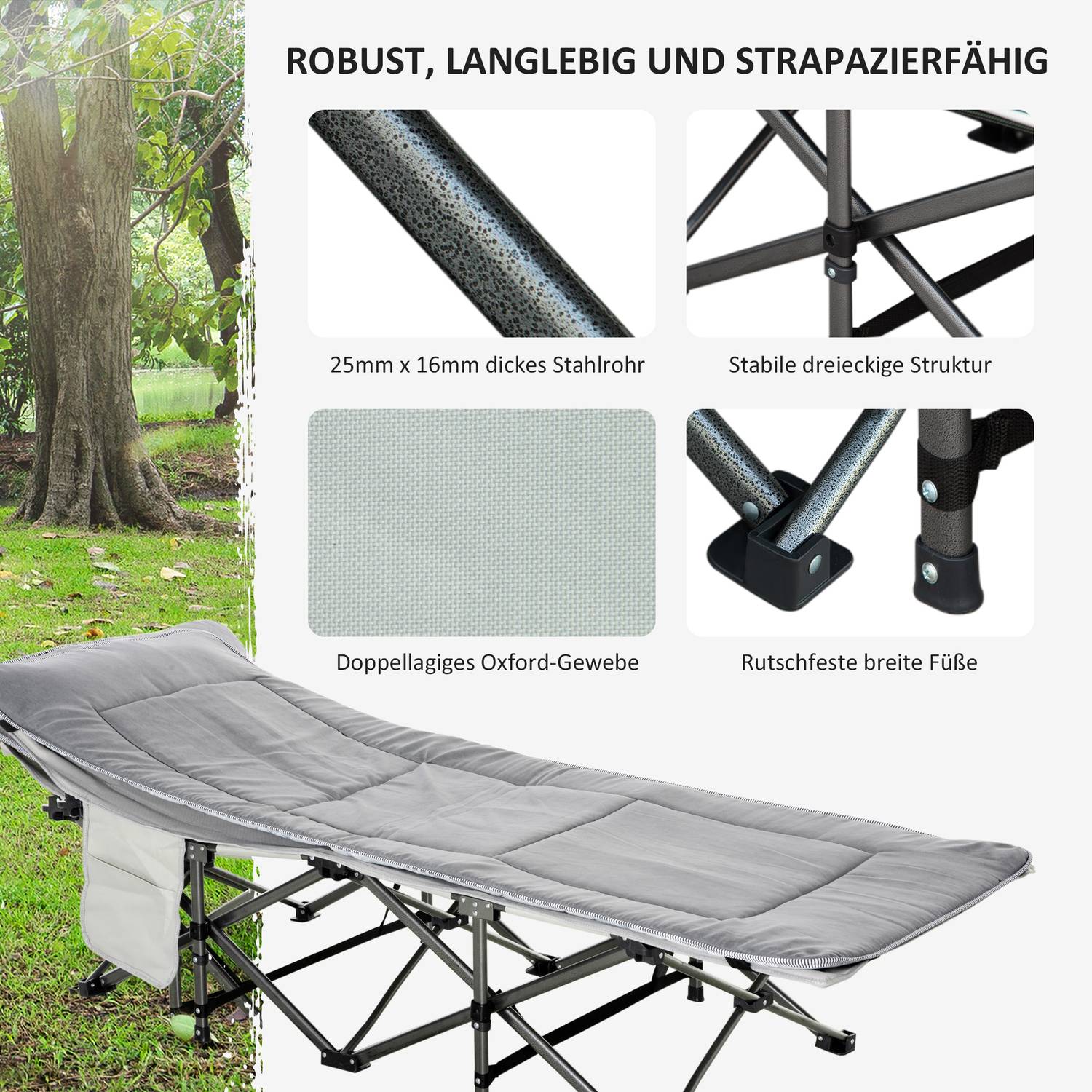 Hopfällbar campingsäng – ljusgrå, med kudde och madrass