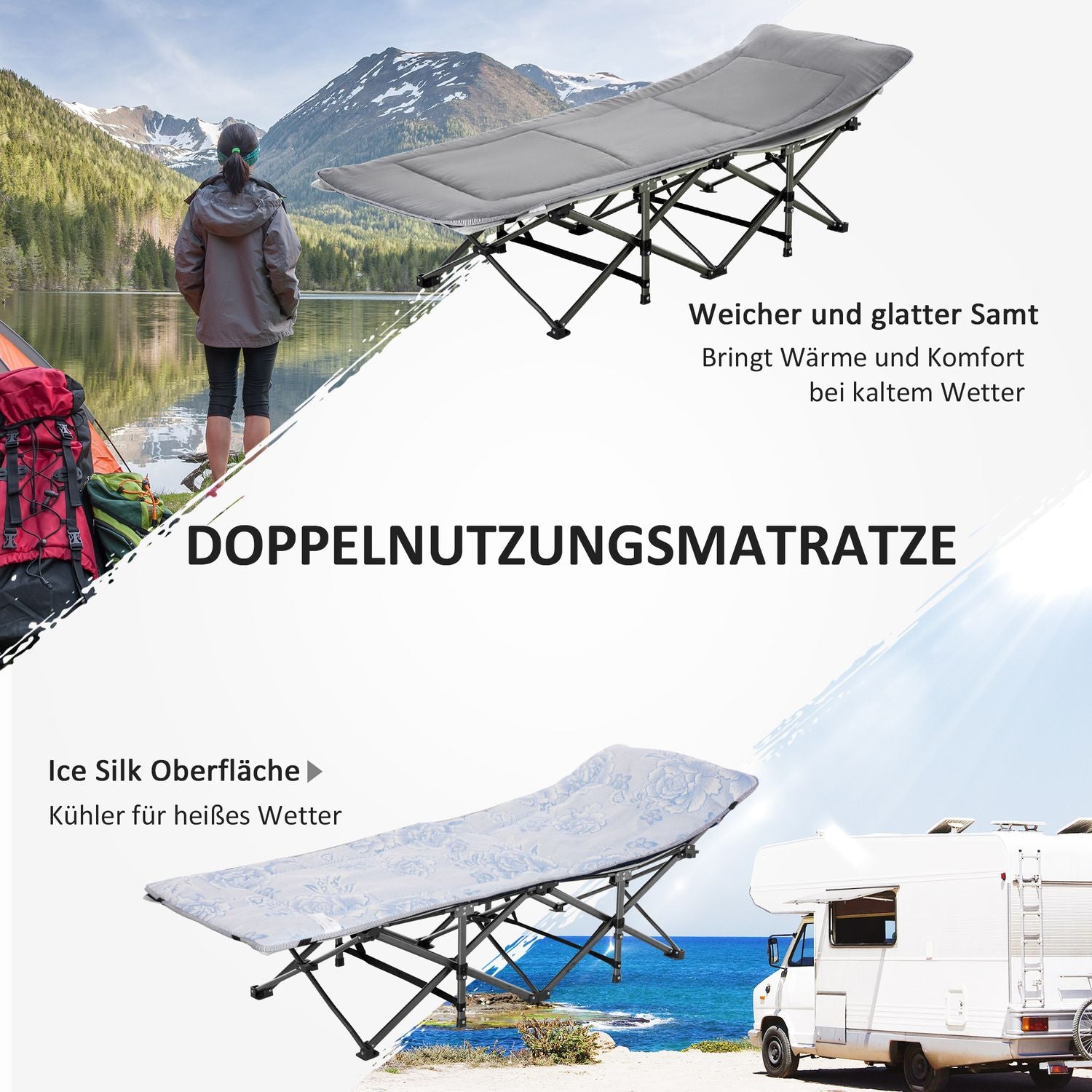 Hopfällbar campingsäng – ljusgrå, med kudde och madrass