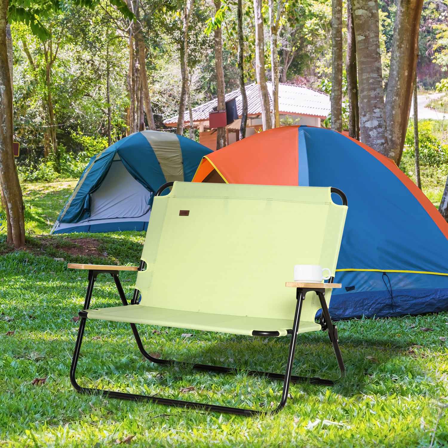 2-sits hopfällbar campingstol med mugghållare, ljusgrön